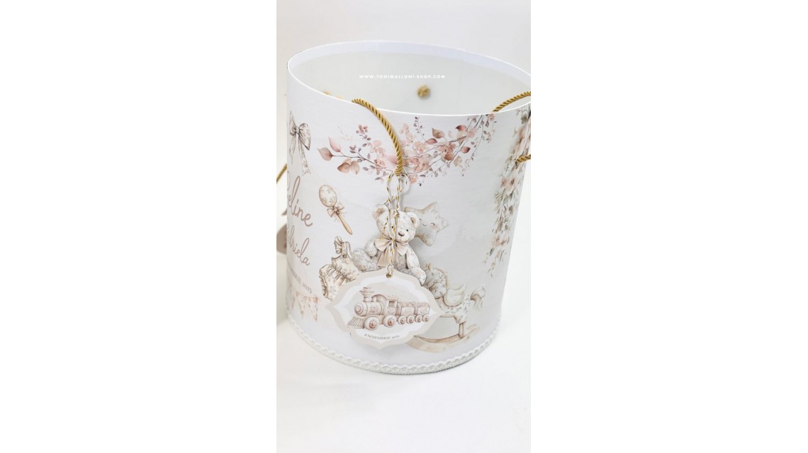 Trusou botez Nude Teddy Bear Toile de Jouy bej crem cu accente light pink și pattern floral vintage 17